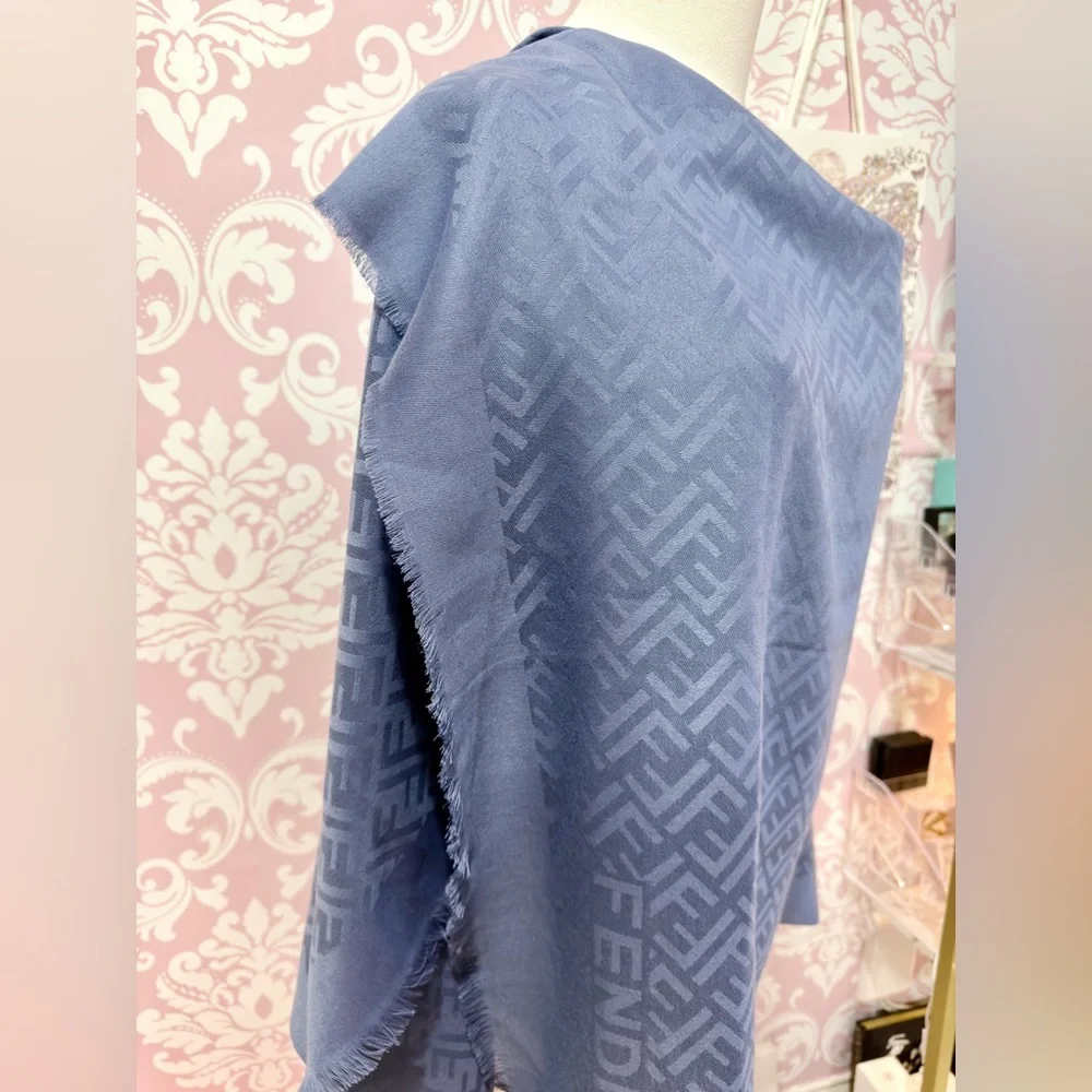 Fendi FF Logo Blue Silk & Cashmere Vintage Scarf